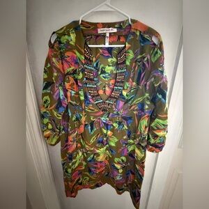 Nanette Lapore swim cover up beaded neon dress v neck size large